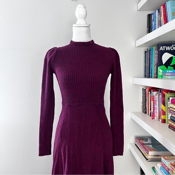 Pamela Love Size S Sweater Shift Dress Maroon Ribbed Mock Neck Long Sleeves - Picture 3 of 14